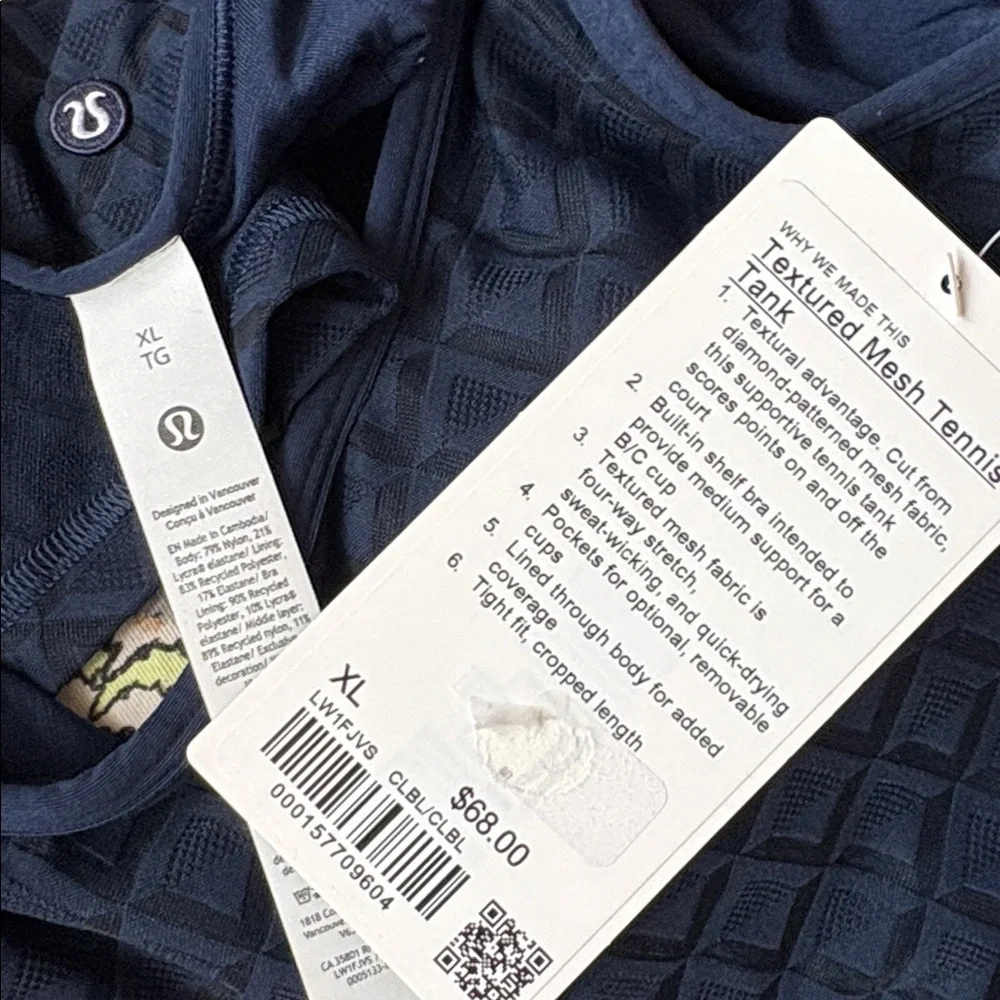 NWT Lululemon Textured Mesh Tennis Tank Top Cropped Women’s XL Club Blue